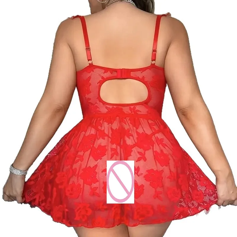 

Women's Plus Size Sexy Lace See-through Dress Large Lady Pushed Up Babydoll XXL Ligerie Sleepwear for Spicy Night Club Party