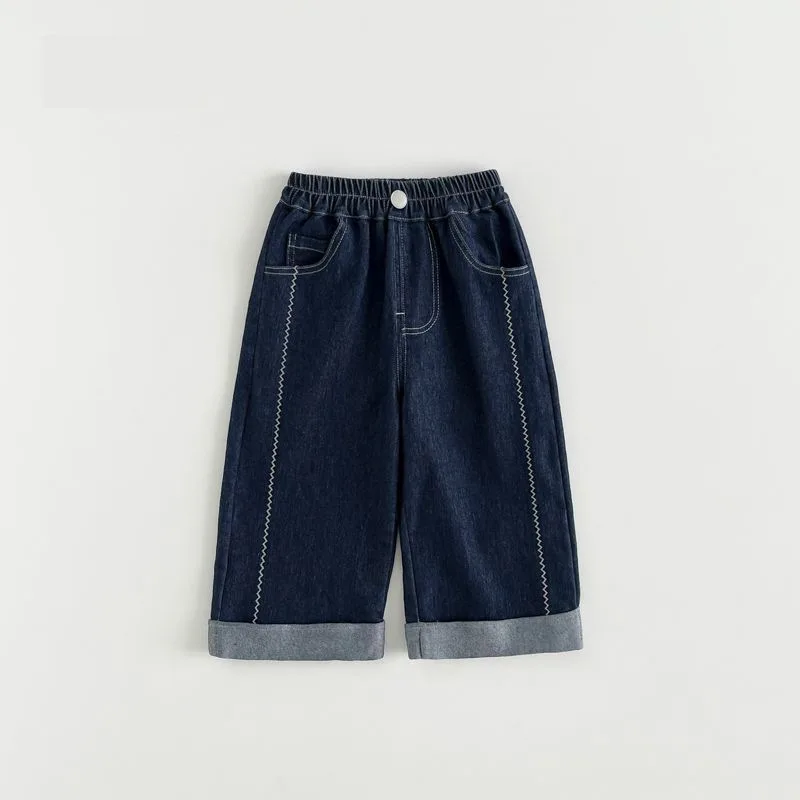 Spring and Autumn Girls' Jeans Baby Foreign Children's Korean Lace Flanged Loose and Stylish Wide Leg Pants