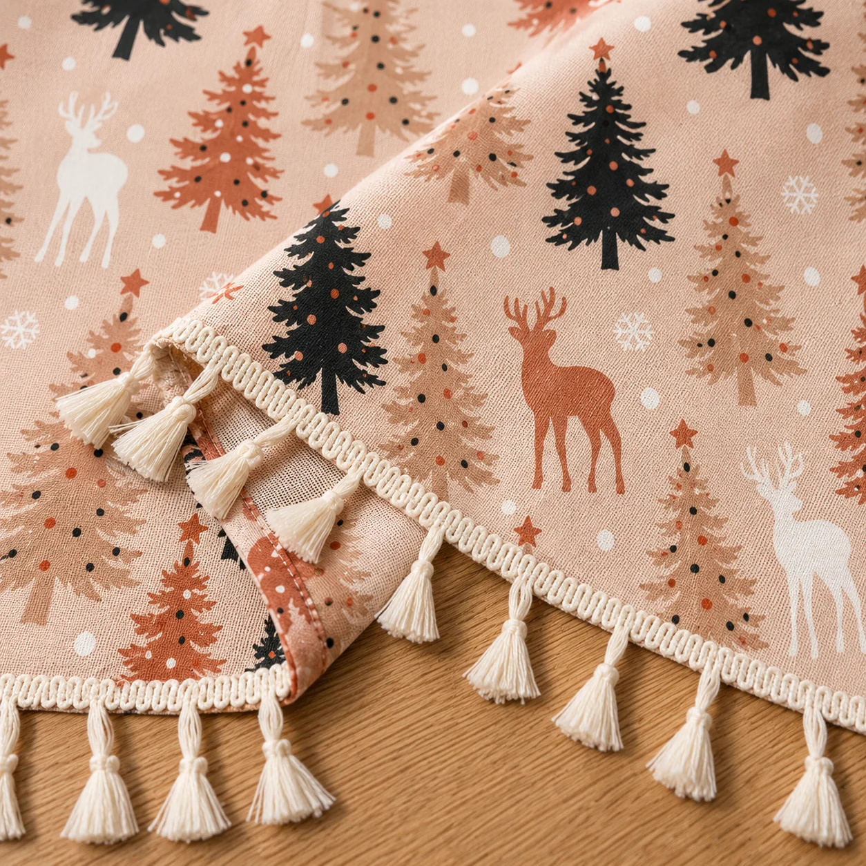 1pc Peach Christmas Reindeer Print Short Curtain, Cozy Bedroom Door Curtain, Kitchen Decorative Curtain, Atmosphere Enhancing Cu