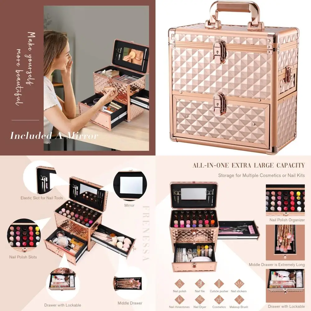 Estojo de trem de maquiagem extra grande em ouro rosa com gaveta, espelho e divisórias para cosmetologistas profissionais e técnicos de unhas
