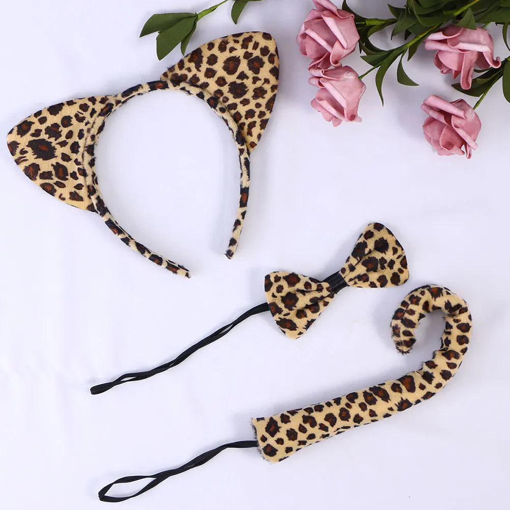 

6Pcs Cartoon Headband Set Leopard Print Cat Ear Bow Tie Tail Accessories Girls Costume Party Carnival Festivals Hair Hoops