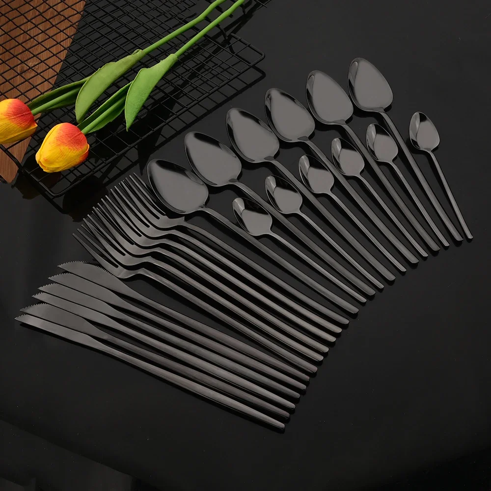 

24Pcs/Set Dinnerware Stainless Steel Mirror Black Cutlery Set Kitchen Fork Coffee Spoon Knife Tableware Flatware Set