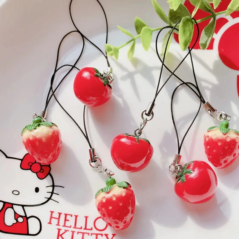 Simulação Morango Tomato Lanyard para o telefone móvel, U Disk Key Ring, bolsa feminina, pingente anti-perdido, presente de aniversário