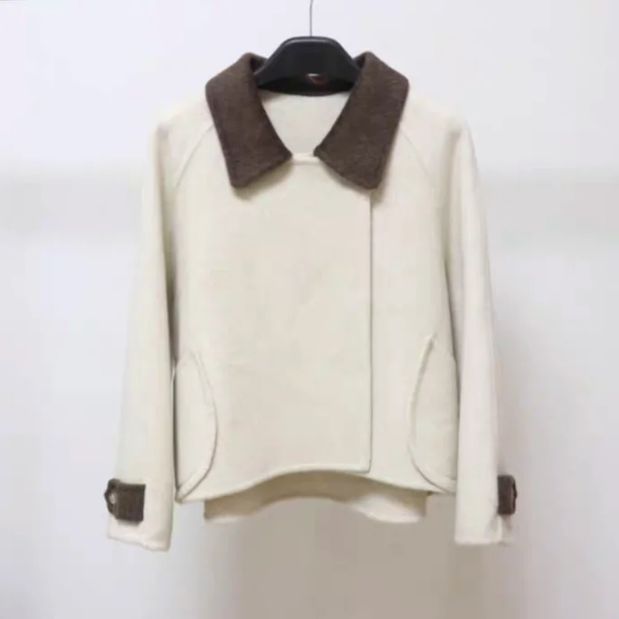 

ort Woolen Coat Lady's Small Size Spring Autumn 2025 New Double-sided Woolen Fabric Faionable Hat Hooded Chinese Made