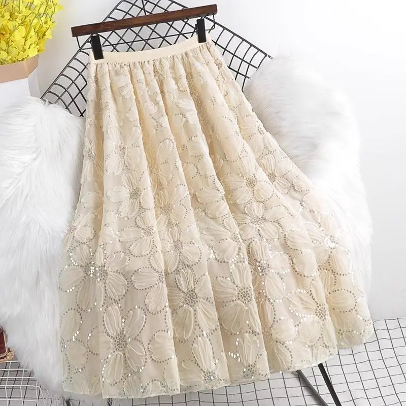 2025 Spring Summer Women High Waisted Sequined Dobby Flower Black Beige White Skirt , Woman Romantic Sweet Ladies Skirts