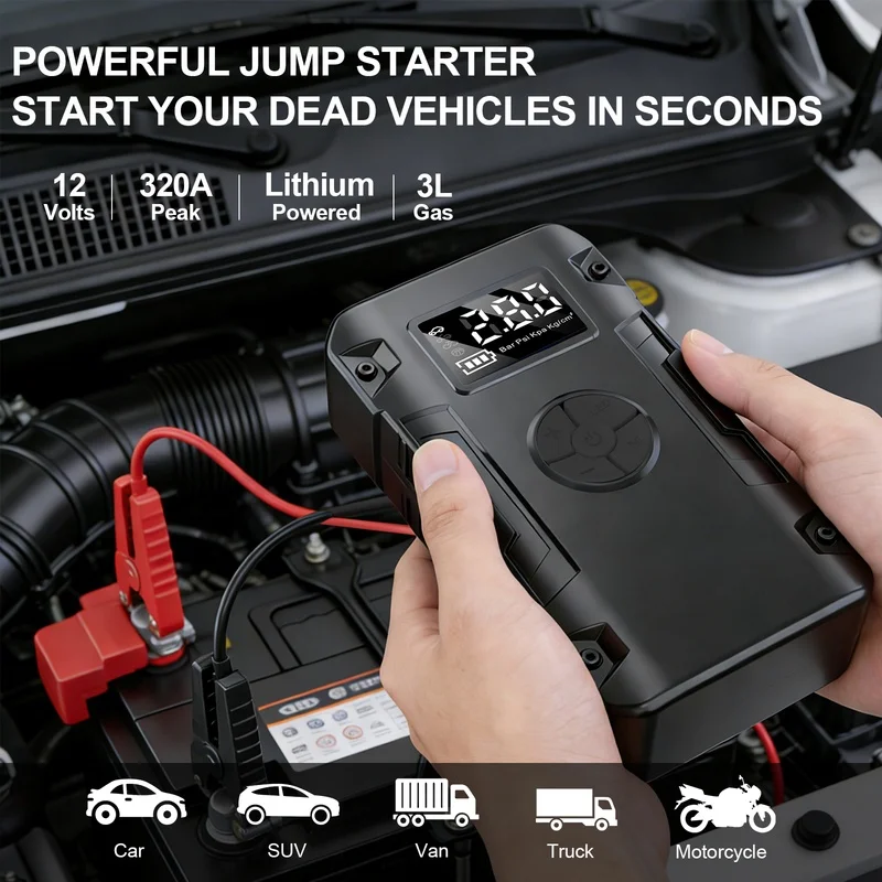 4-in-1 Car Jump Starter Air Pump 150PSI Tire Inflator 8000mAh Power Bank LED Emergency Light Auto Emergency Kit
