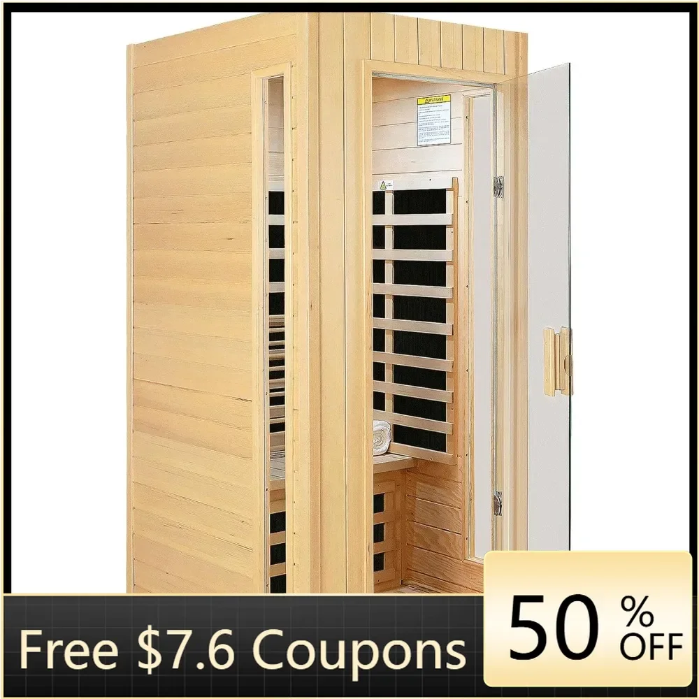 Far Infrared Sauna 1 Person Canadian Hemlock Wooden Sauna,1300 W Low-EMF with Control Panel, Bluetooth Speakers,LED Reading Lamp