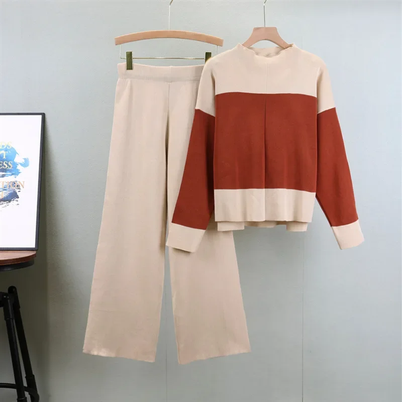 2024 Autumn New Fashion Loose Color Matching Crew Neck Pullover Sweater Wide Leg Pants Casual Two Piece Sets Womens Outifits