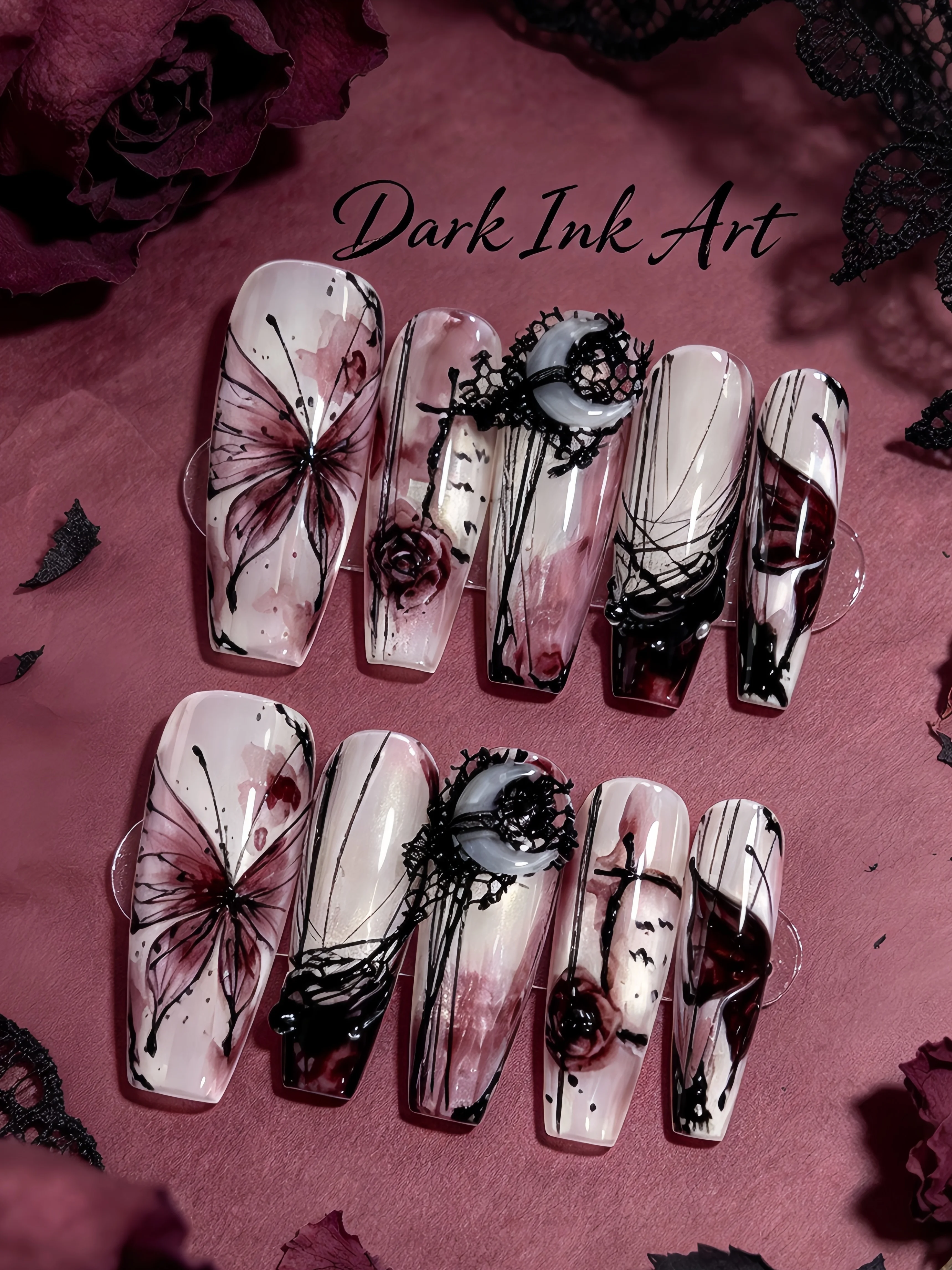 Trendy New Chinese-Style Nail Art Tips, Translucent White Ink Splash Design, Butterfly and Rose Handmade Press-On Nails, Personalized Photo Shoot Vibe Fake Nails