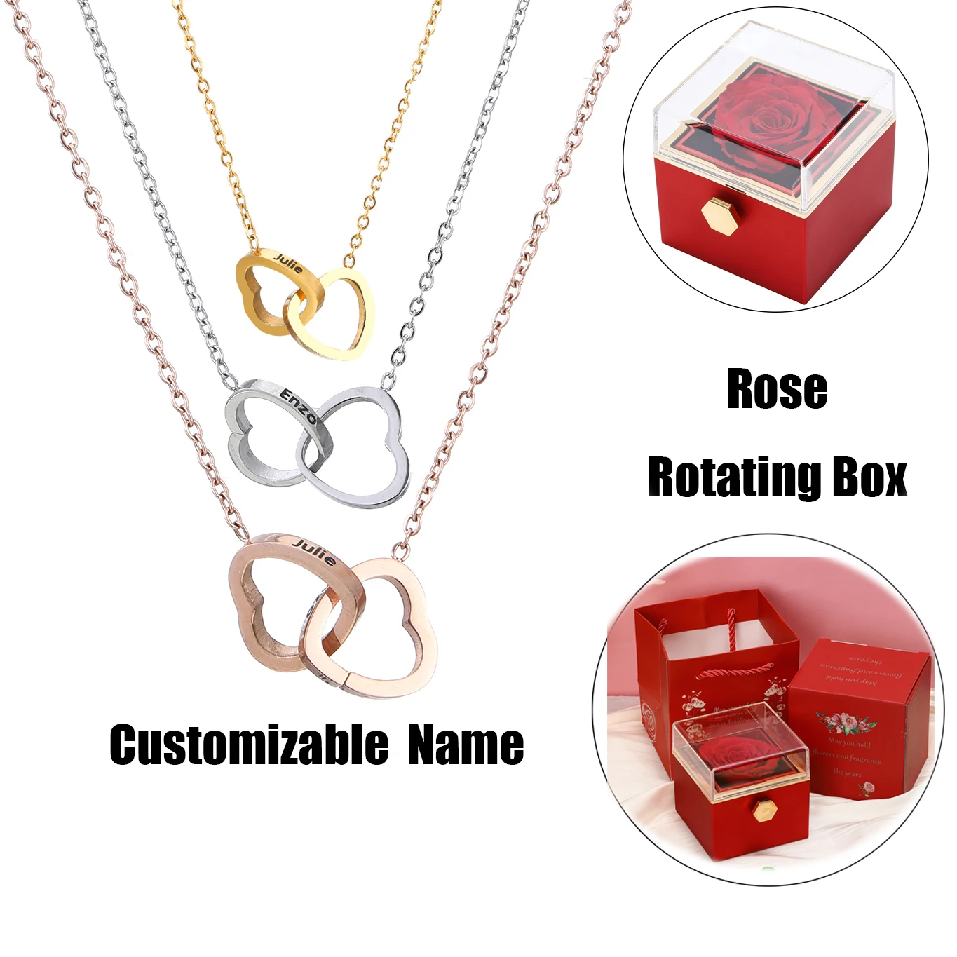 

Valentine Eternal Rose Laser Inscription Double Heart Necklace Jewelry Wedding Box Rotate Pendant Women lover Anniversary Gift