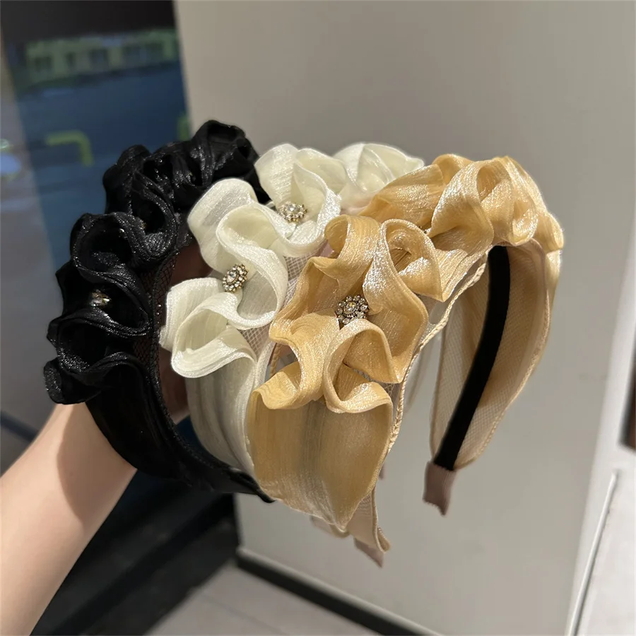 Korean style high-end luxury headband fashion retro crystal mesh headband hair bundle women's black ruffled hair accessory gift
