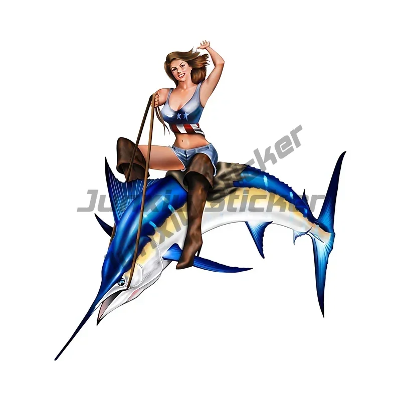 Pin Up Girl Sitting on Tuna Car Sticker Bikini Woman Retro Fish Tackle Box Decal Waterproof Toolbox Car Accessories view 5