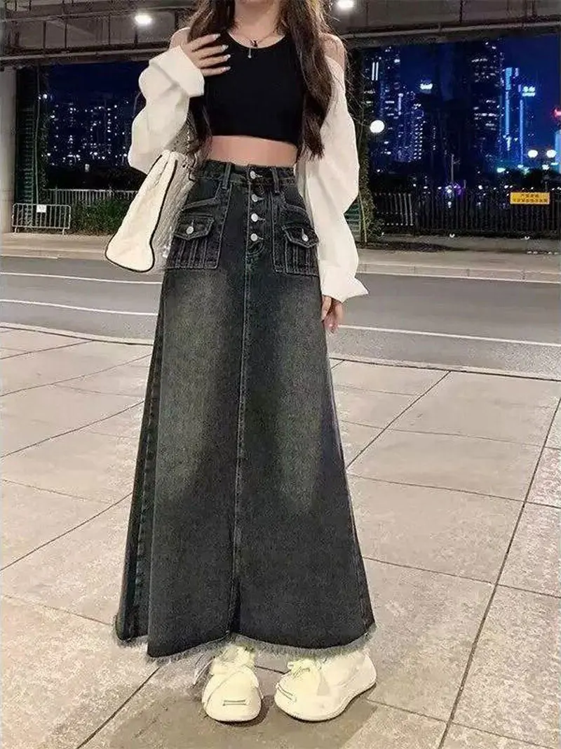 High Waist A-Line Midi Denim Skirt Women Summer Slimming Vintage American Design plus Size Cotton Blend Business Casual Skirt view 2
