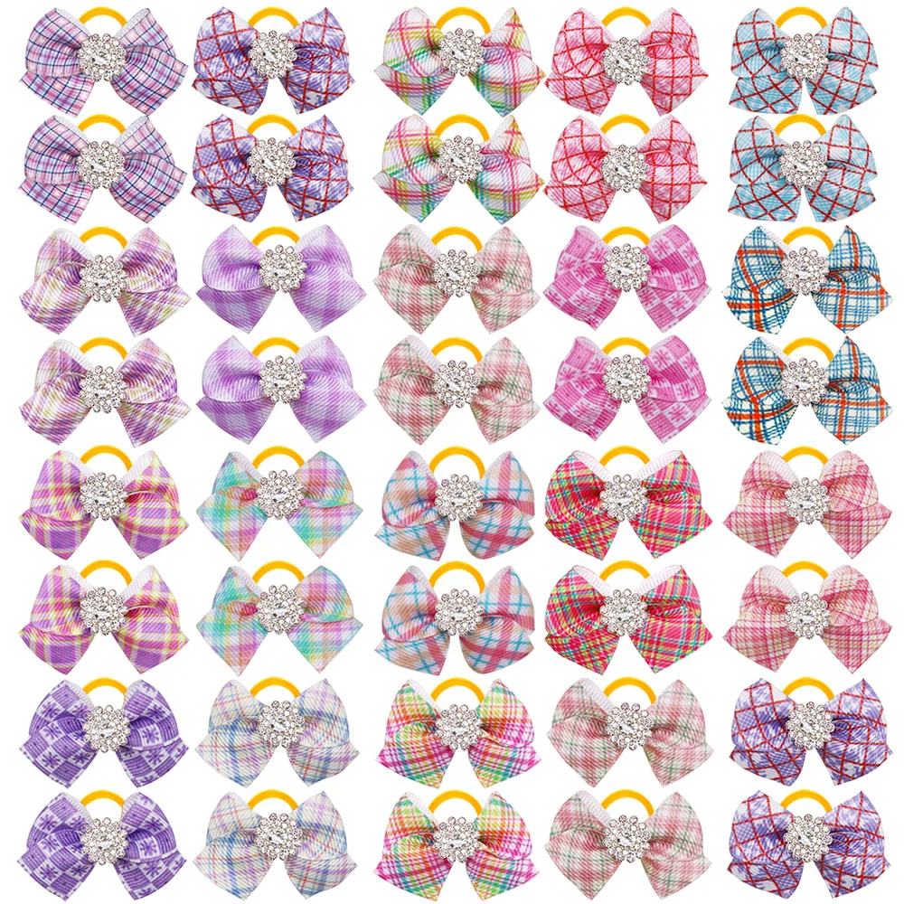 30PCS Handmade Pet Bow With Rubber Band Movable Dog Bow Band Drill Hair Accessories Plaid Pattern Pet Dog Grooming Accessories