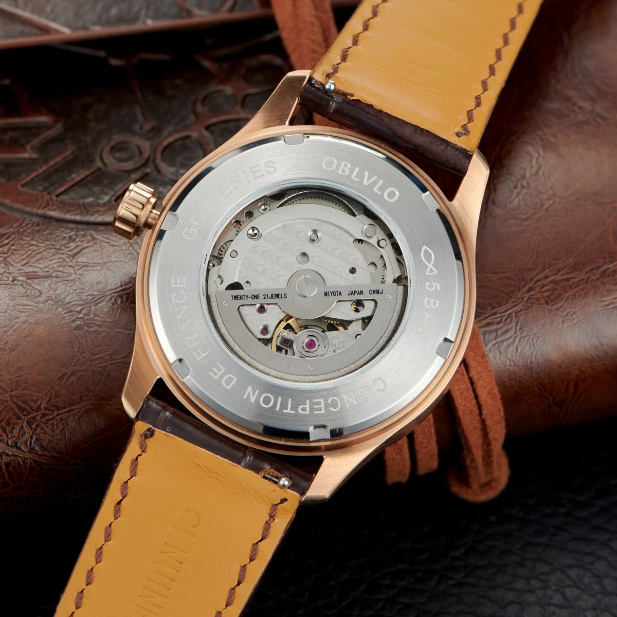 OBLVLO Men Automatic Watch Luxury Watches Mechanical Wristwatch Waterproof Luminous Star Dial Leather Strap Butterfly Clasp