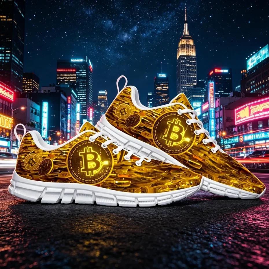 Retro-style Bitcoin custom sneakers, unisex daily casual shoes, printed design, breathable and comfortable.