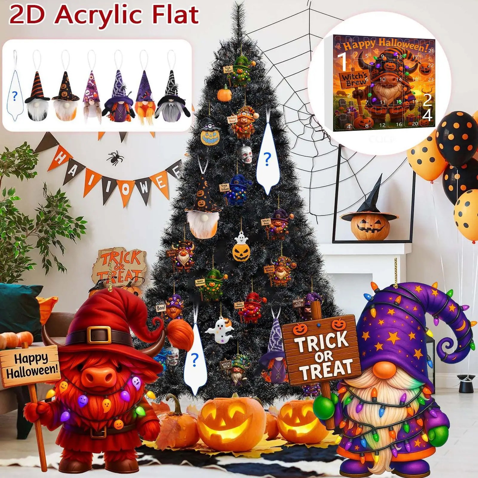 Calendario de cuenta regresiva de gnomo, adorno de gnomo de 24 días, calendario de cuenta regresiva de Halloween, adorno acrílico 2D coleccionable de resina 3D para niños