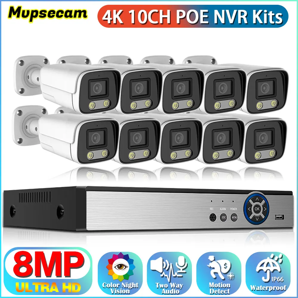 

10CH 4K 8MP HD Video Surveillance IP Camera POE Color Night Vision Security Outdoor Smart CCTV NVR 2-Way Audio 8CH System Kit