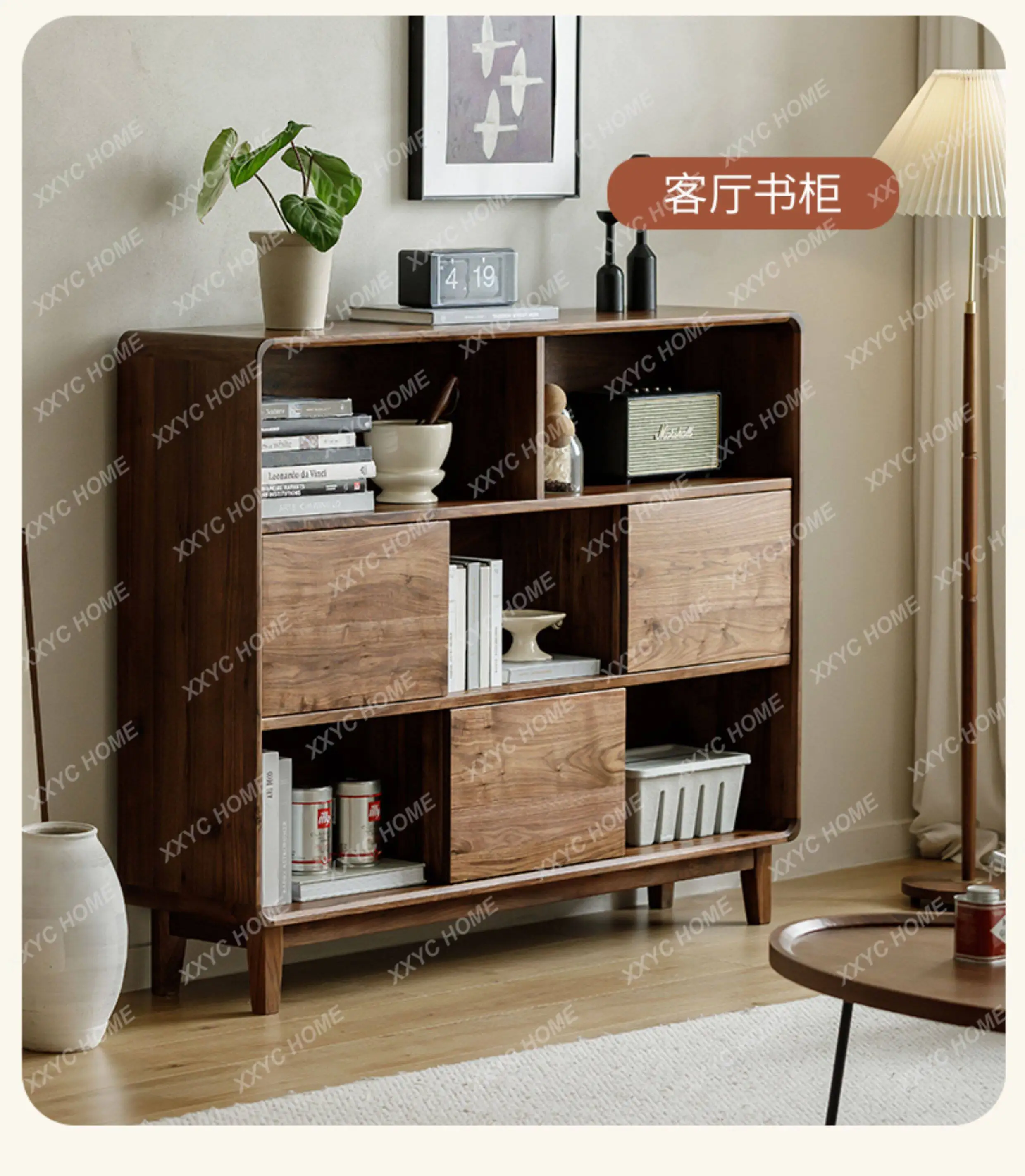 

Floor-to-ceiling storage bookcase with door display cabinet All solid wood sofa storage side cabinetTJ