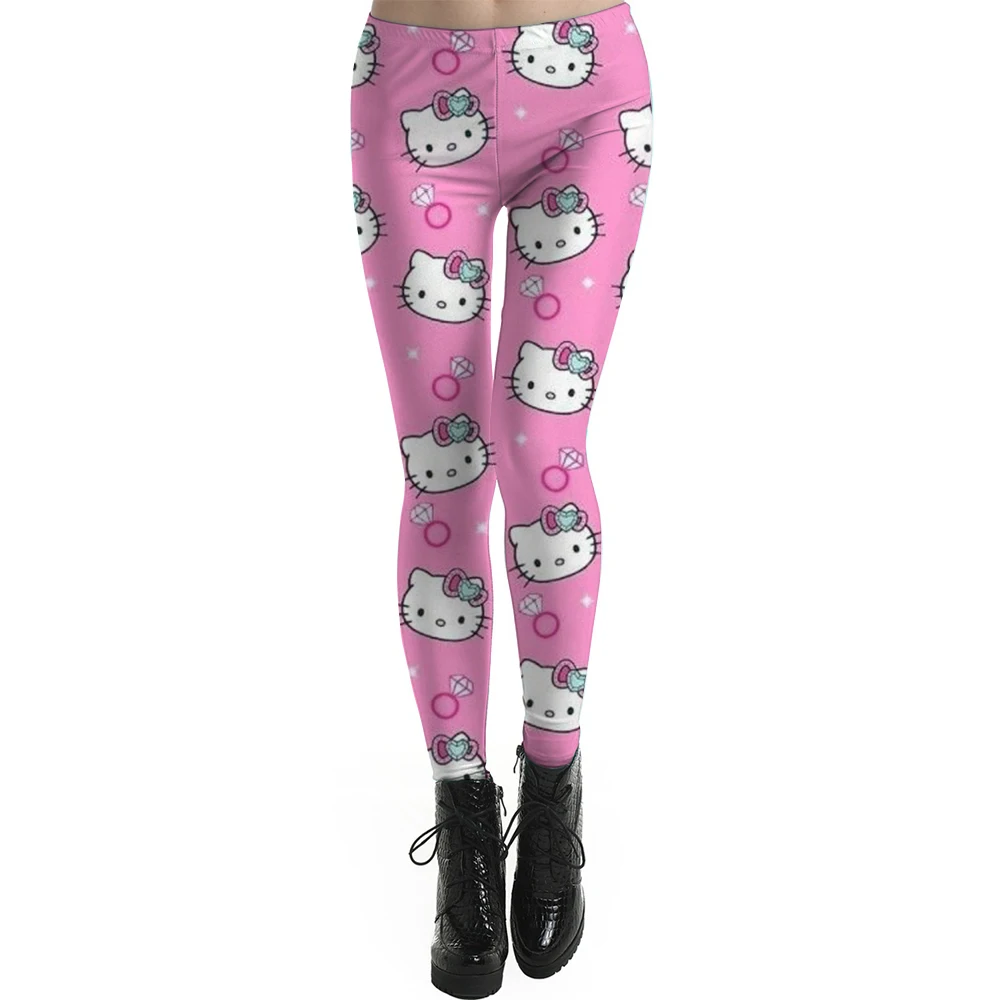 Kuromi Hello Kitty print Casual elastic elastic waist slim-fit leggings Home out work travel Wearing comfortable leggings Pink