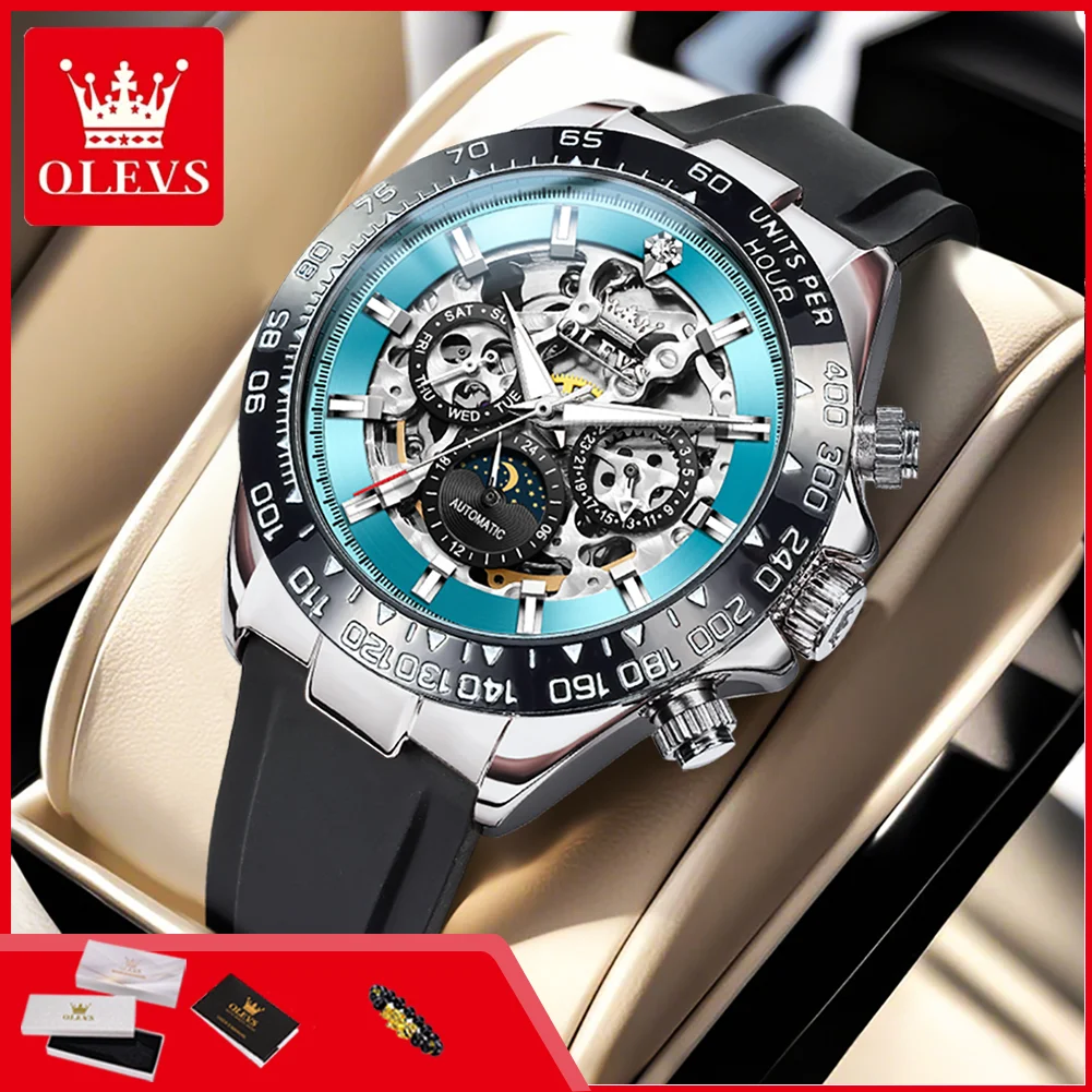 

OLEVS 6713 Men's Sports Watch Fashion Silicone Strap Moon Phase Luminous Skeleton Mechanical Wristwatch for Men Luxury Man Watch