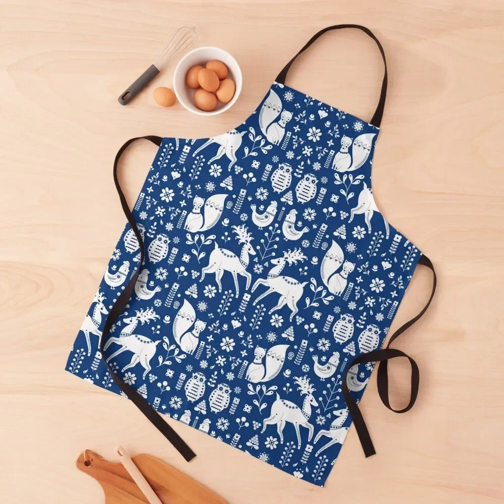 

Whimsical Scandinavian Folk Style Decorative Pattern With Cute Forest Animals Apron Woman Work Dress Apron