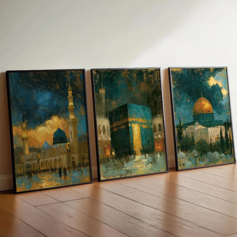 3pcs Islamic Holy Sites Oil Painting Wall Art Prints Kaaba Dome of The Rock Mosque Vintage Muslim Home Decor Unframed Canvas