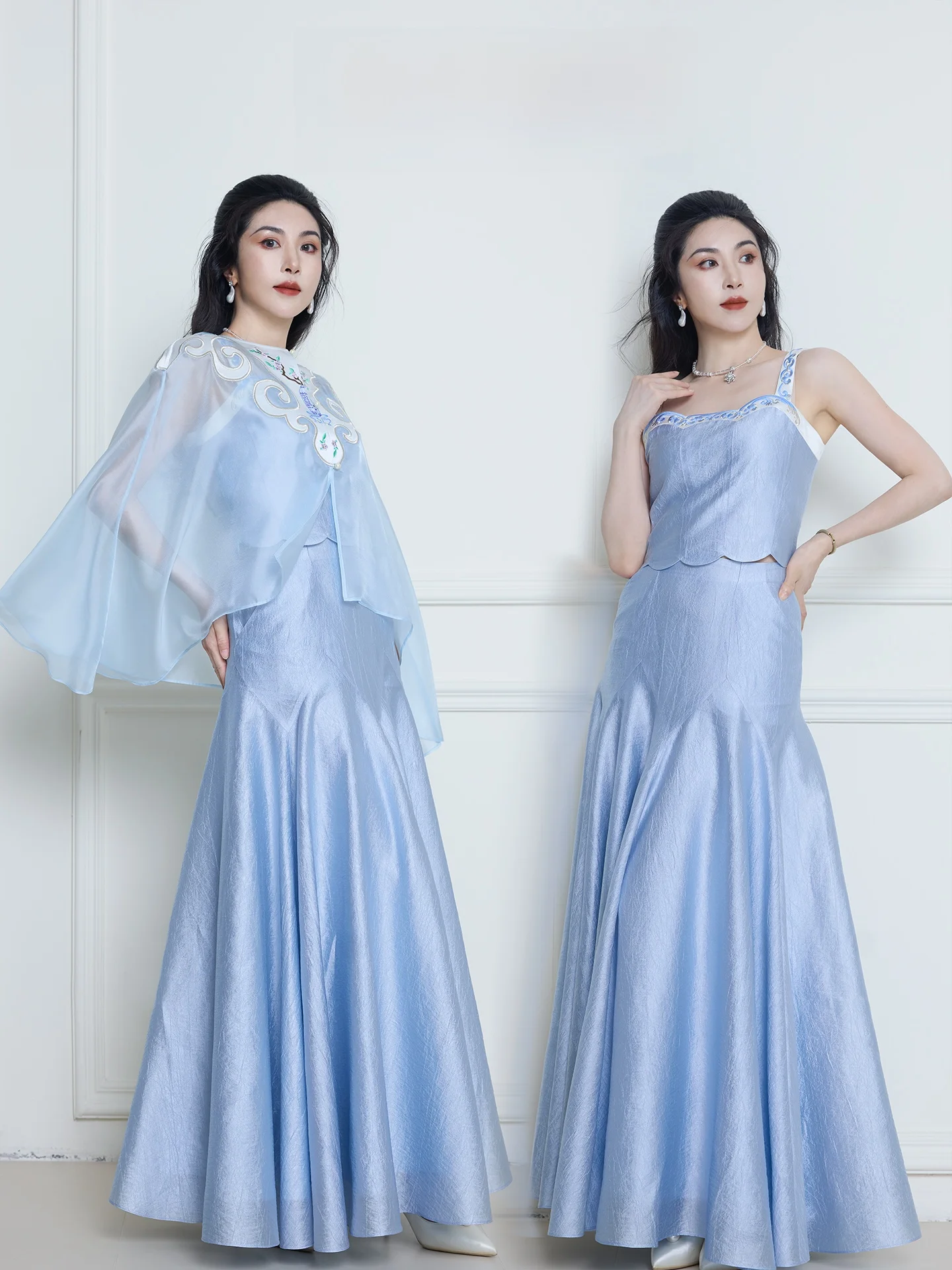 

Xuan Ying Ji Chinese Style Long Sleeve Embroidered Half Skirt with Insert Piece Large Flounce Acetate Fabric for Women