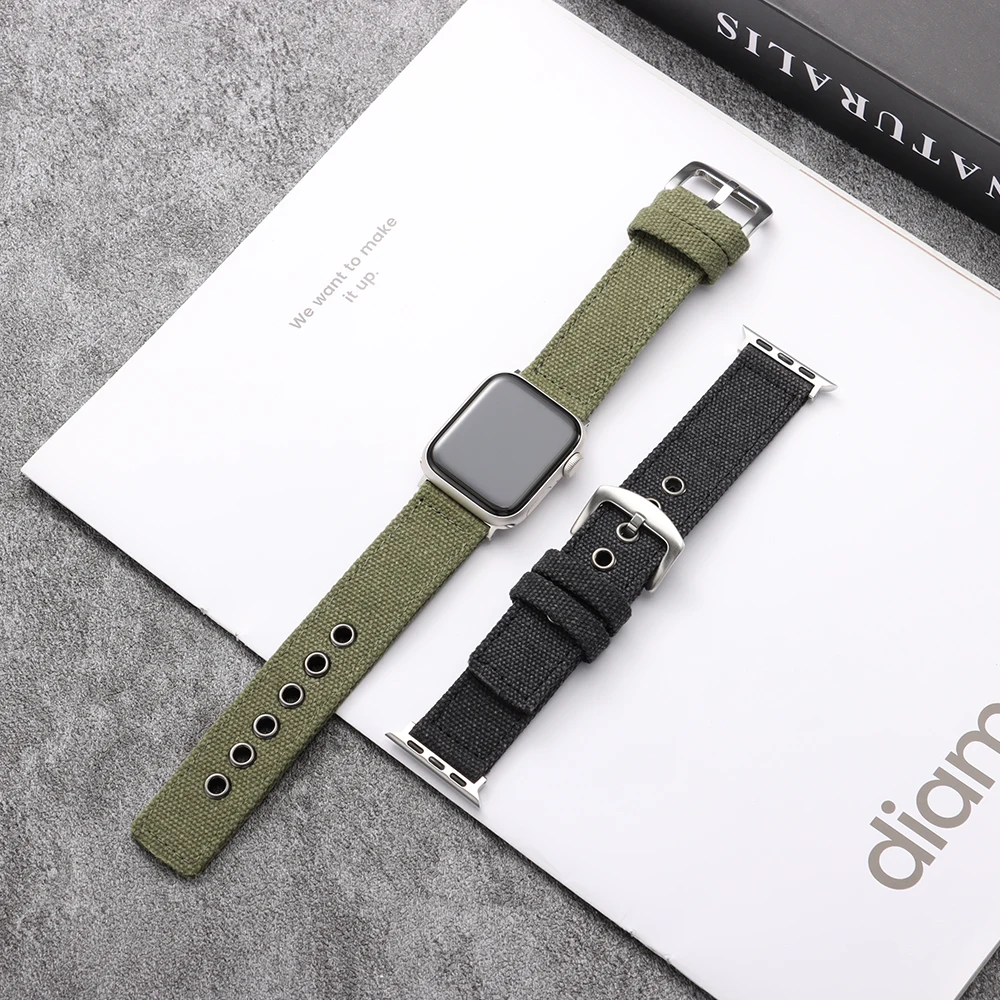 Double-layer Canvas Nylon Strap Men's Black Green Watchband for IWatch Series 1-11 for Apple Watch 46mm 45mm 42mm 41mm 40mm 38mm