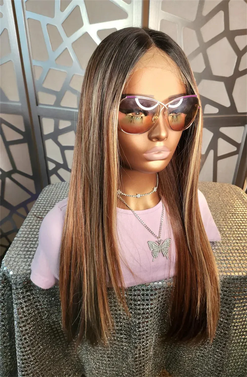 Ombre Blonde Brown Wig Straight Long Wig Lace Front Wig Human Hair Blend Balayage Highlights Glueless Daily Wear Heat Safe
