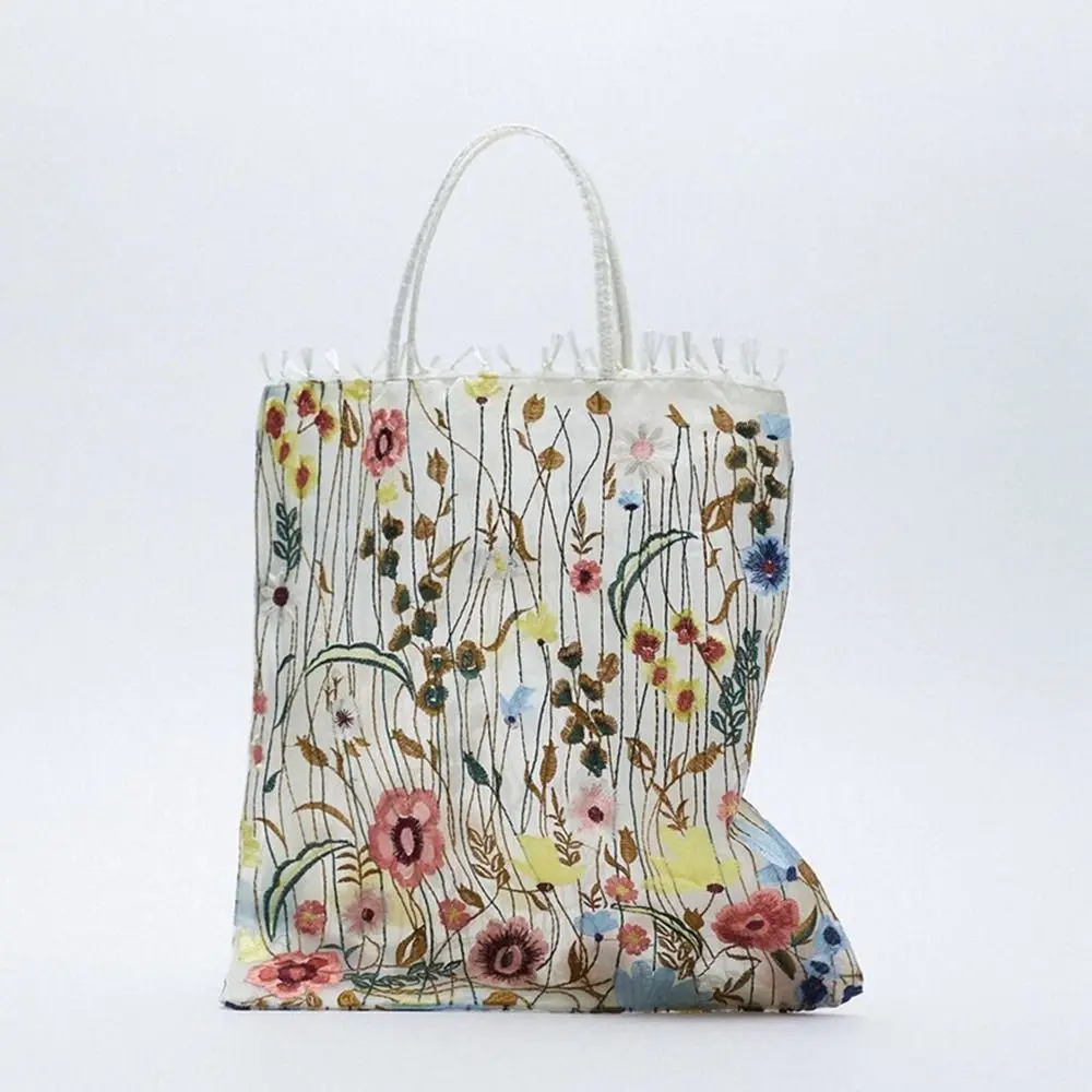 Camellia Flower Embroidery Cloth Bag Lace Large Capacity Canvas Shoulder Bag Storage Bag Tote Bag Ethnic Style Bag Women