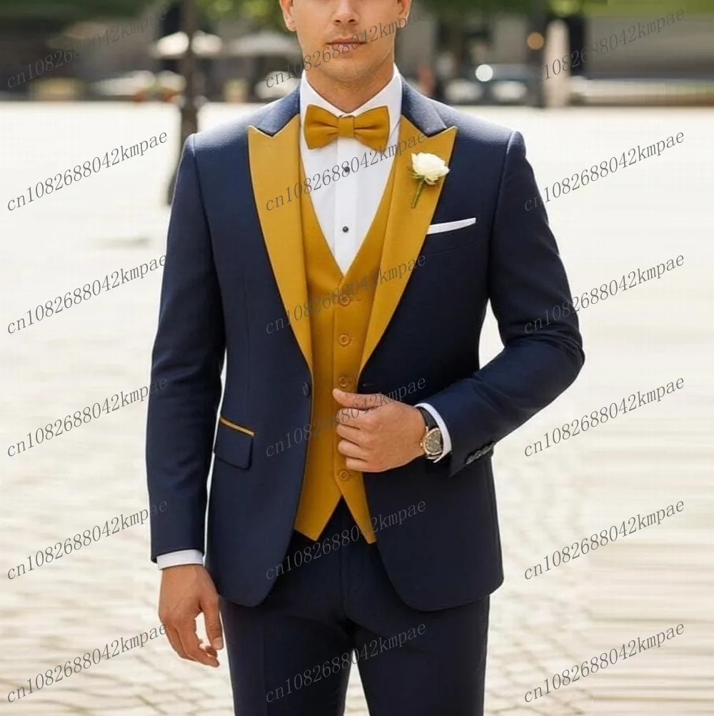 

Желто-синий мужской костюм для торжественных мероприятий, свадеб, выпускных, деловых встреч, 3-х предметный комплект: пиджак, жилет, брюки.