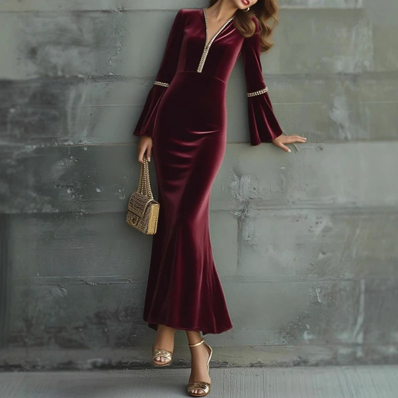 فستان نسائي غير رسمي برقبة على شكل حرف v بقصة ضيقة فستان مخملي للخريف والشتاء بأكمام واسعة فستان طويل سبليت 2025 فستان أنيق للمواعدة #4