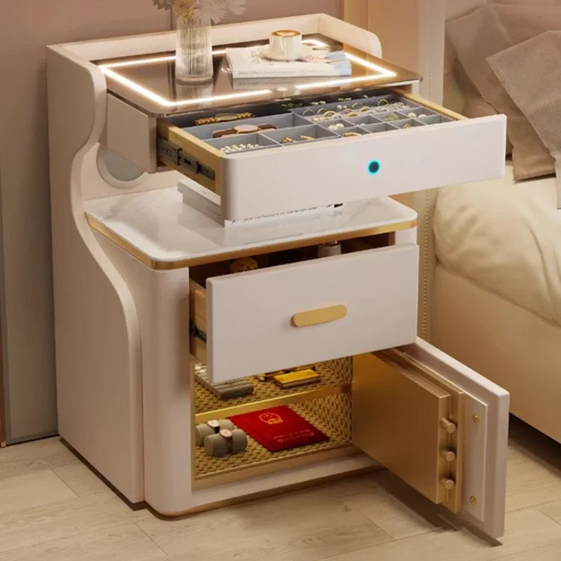 

surface tri color light wireless charging USB Bluetooth speaker drawer bedroom furniture Fingerprint lock safe glass cabinet