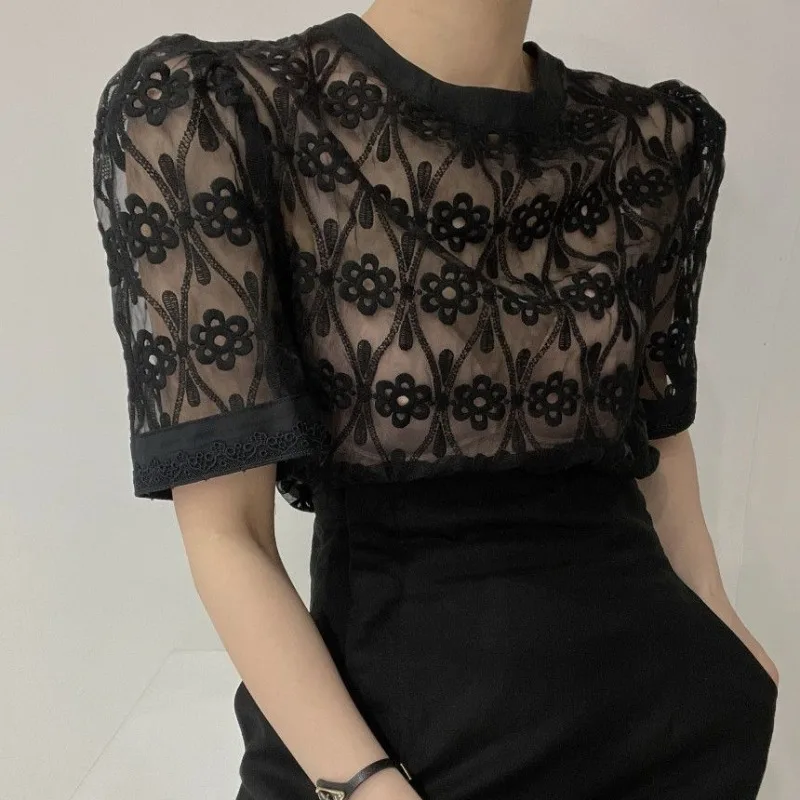 Neploe Vintage Lace Embroidery Blouses Summer See Through Mesh Shirts Women 2024 New Short Sleeve All-match Blusas Mujer