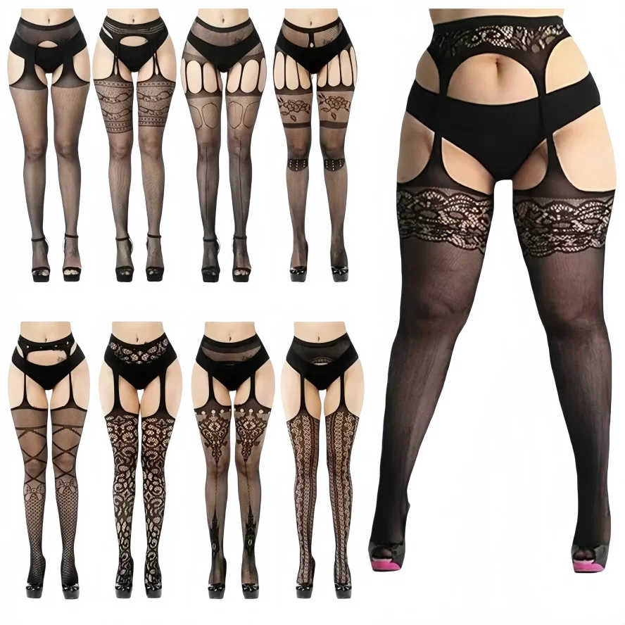 

Oversized Women Sexy Black Garter Stockings Tights Plus Size Knee Thigh High Fishnet Large See Through Mesh Pantyhose Legging XL