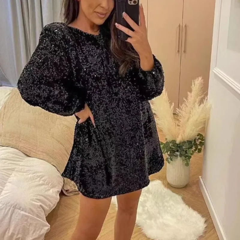 

Sexy Sequined Round Neck Dress For Women 2026 Spring Autumn New Bow Long-sleeved Solid Color Elegant Fashion Casual Ropa Mujer