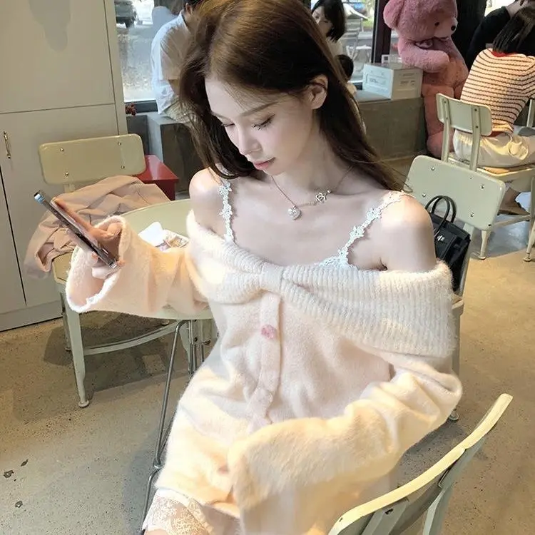 

Gagaok Sweet Sweater Women Autumn Gentle Bow Slash Neck Off Shoulder Warm Pullover Kawaii Clothes Solid Simple Pull Femme