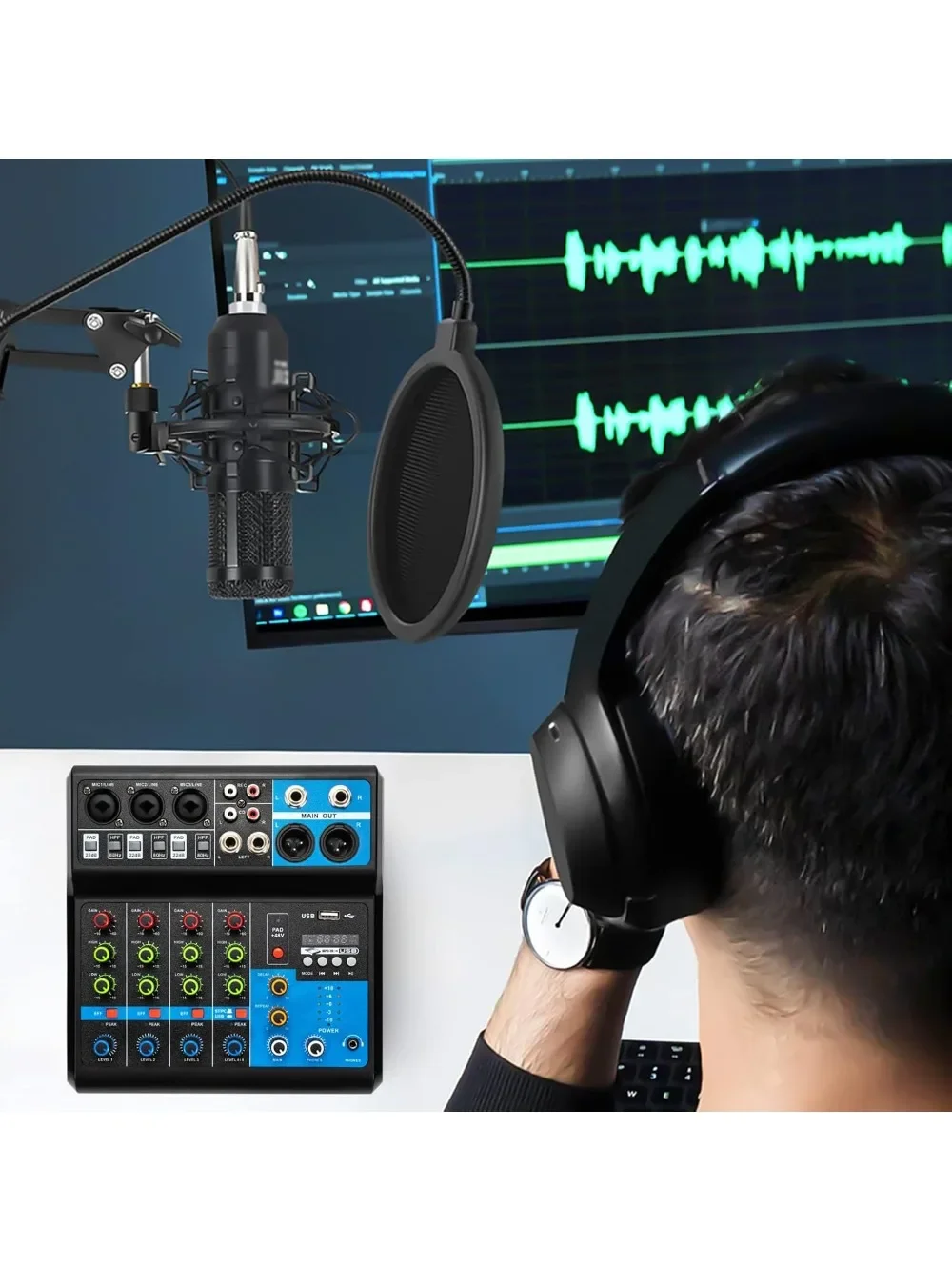 48 V professioneller 5-Kanal-DJ-Audiomischer, Phantom Power-Audiomischer, kompatibel mit PC/MP3/Kondensatormikrofon/Live-Streaming