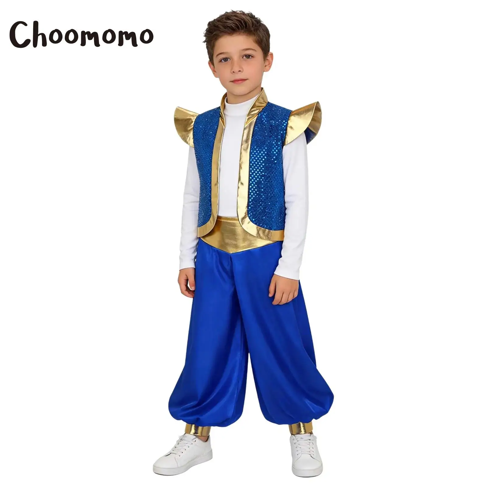 

Boys Arabian Cosplay Costumes Sequins Metallic Arabian Prince Vest Open Front Waistcoat Loose Pant Halloween Fairy Tale Dress Up
