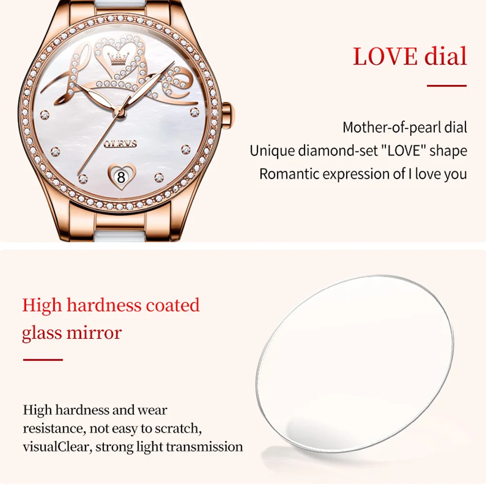 OLEVS 6686 Automatic Mechanical Watch for Women Diamond  “Love” Dial Ceramics Watchband Elegant Ladies Watch Luxury Gift Set