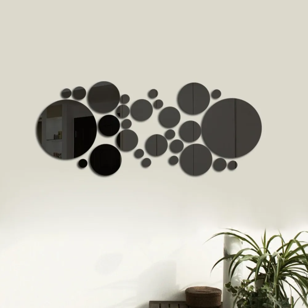 32Pcs Modern 3D Mirror Wall Sticker Silver Self-Adhesive Mirror Decals Art Ornaments Circle Home Background Decoration