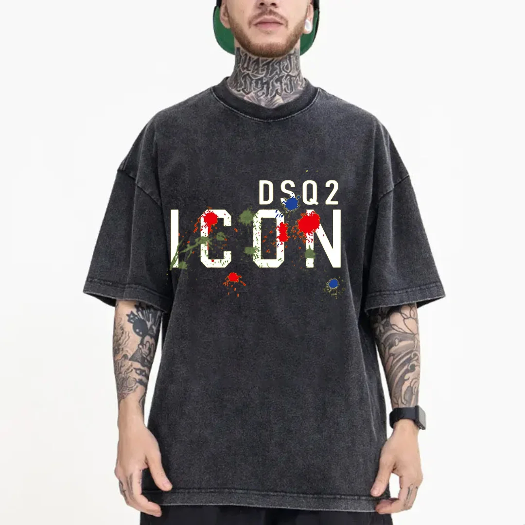 Dsq2 Washed Cotton T-Shirt 2024 Summer 100 Cotton Men\'s Clothing Maple Print t-Shirt Sport Oversized High Quality T Shirt