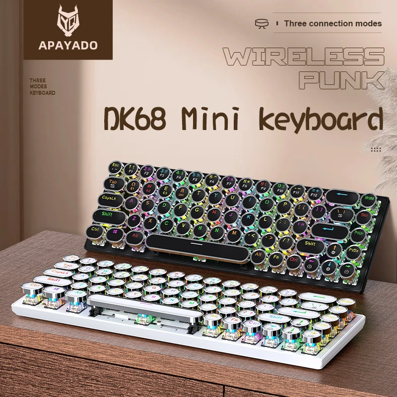 Apayado 68 Keys Retro Punk Triple Mode Mechanical Keyboard, Bluetooth USB C Wired Hot Swappable Gaming Keyboard For PC Laptop