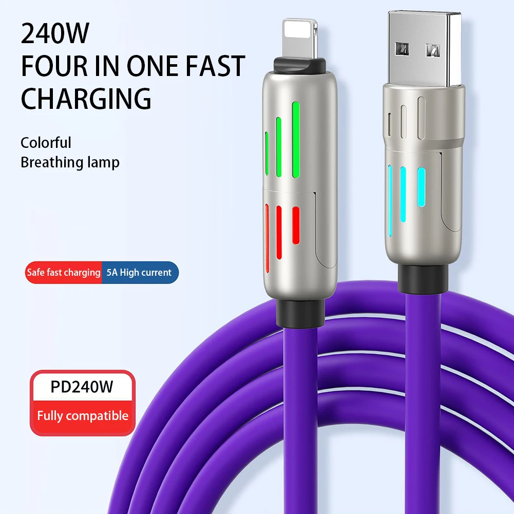 4 in 1 Multi Connectors Charger Rotating Elbow USB to Type-C 1.2m Mobile Phone 240W Fast Charging Silicone Cable Data Transfer