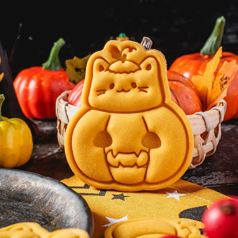 Halloween Cookie Cutter Cartoon Ghost Pumpkin Cat Cookie Stamp Fondant Cake Decoration Tools Hand Pressure Plastic Biscuit Mold
