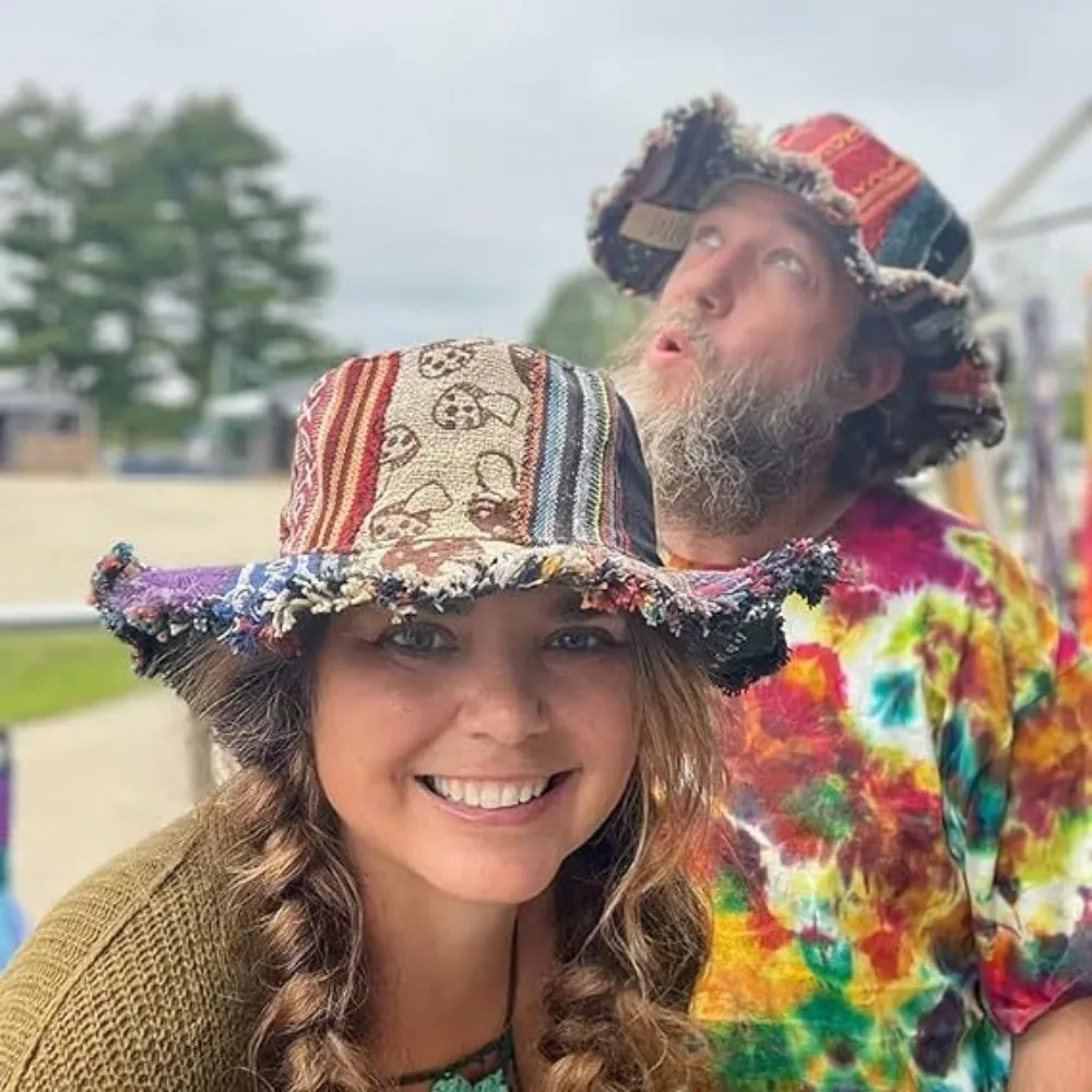 

Patchwork Multicolored Mushroom Hemp Hat Bucket Hat Wide-brimmed PocketPatchworks Hats with Hippie Mushroom Straw Cap