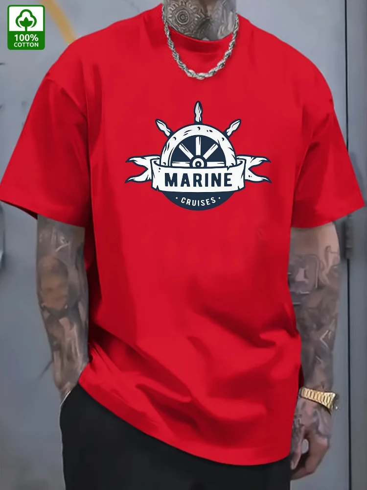 تصميم نمط Oar-100% تي شيرت رجالي صيفي من القطن برقبة دائرية وأكمام قصيرة مطبوع كاجوال.