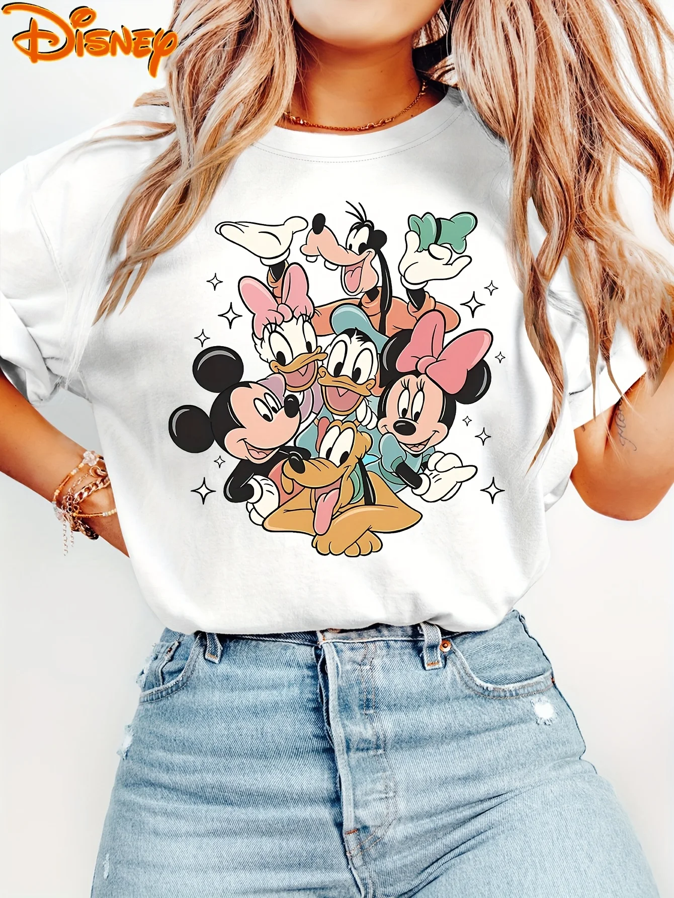 ديزني تي شيرت ميكي والأصدقاء مطبوعة الربيع/الصيف الخريف/الشتاء عادية مستديرة الرقبة تي شيرتات قصيرة الاكمام ريترو ستايل ديزني #1