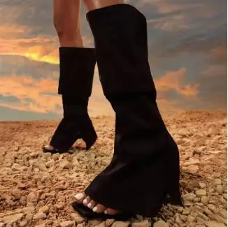 New Black Denim Folded Strap Square Toe Stiletto Heel Knee High Sandal Boots Women Slip On Pants Boots Shoes Drop Shipping
